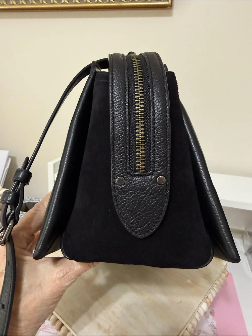 Coach Black Pebbled Leather Satchel with Suede Sides And Crossbody Strap